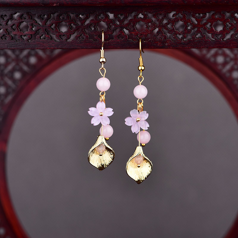 Vintage Items - Pink Natural Jade Flower Earrings Vintage